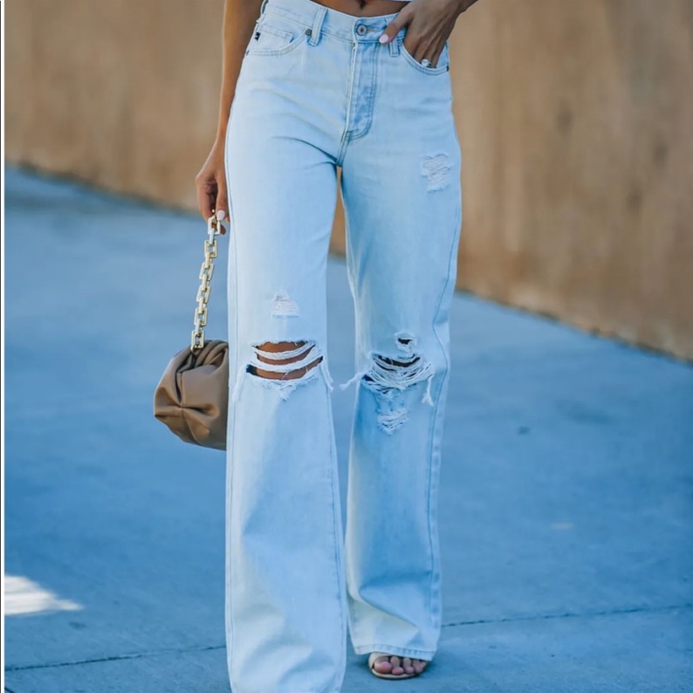 HIGH WAIST 90βs Style Light Wash Wide Leg Distressed Ripped Flare Denim Jeans - Picture 4 of 10